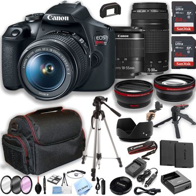 Canon EOS Rebel T7 Camera w/EF-S 18-55mm is II Zoom Lens + 75-300mm Lens + 2pcs 64GB Memory + Case+ Tripod + Steady Grip Pod + Filters + Macro + 2X Lens + 2X Batteries + More (35pc Bundle) (Renewed)