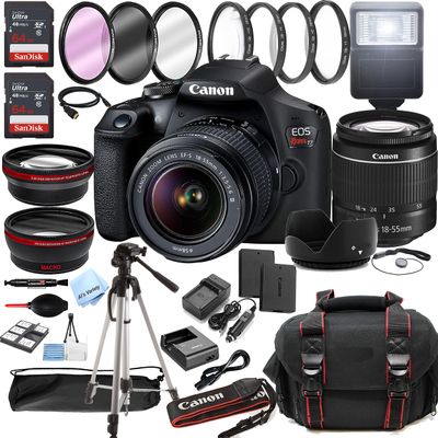 Canon EOS Rebel T7 / 2000D DSLR Camera w/EF-S 18-55mm F/3.5-5.6 Zoom Lens + 128GB Memory + Case + Tripod + Filters (36pc Bundle) (Renewed)