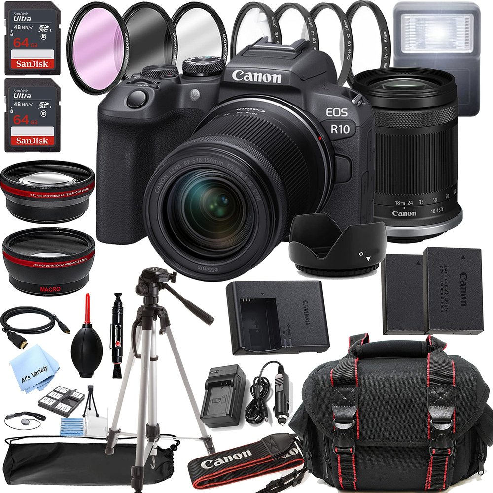 Canon EOS R10 Mirrorless Digital Camera with RF-S 18-150mm f/3.5-6.3 is STM Lens + 128GB Memory + Case + Tripod + Filters (38pc Bundle) (Renewed)