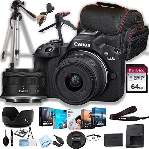 Canon EOS R50 Mirrorless Digital Camera with RF-S 18-45mm f/4.5-6.3 is STM Lens + 64GB Memory + Case+ Steady Grip Pod + Tripod+ Software Pack + More (30pc Bundle) (Renewed)