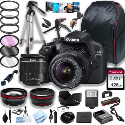 Canon EOS 2000D (Rebel T7) DSLR Camera w/EF-S 18-55mm F/3.5-5.6 Zoom Lens + 128GB Memory + Case+ Steady Grip Pod + Tripod + Filters + Remote + Lenses + Software + More (42pc Bundle) (Renewed)