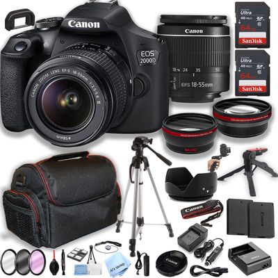 Canon EOS 2000D / Rebel T7 DSLR Camera w/EF-S 18-55mm Zoom Lens + 2pcs 64GB Memory + Case+ Tripod + Steady Grip Pod + Filters + Macro + 2X Lens + 2X Batteries + More (35pc Bundle) (Renewed)