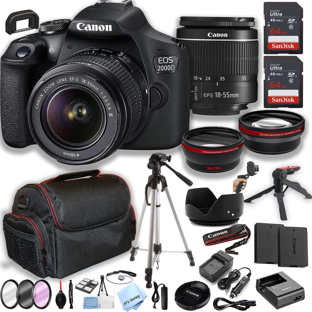 Canon EOS 2000D / Rebel T7 DSLR Camera w/EF-S 18-55mm Zoom Lens + 2pcs 64GB Memory + Case+ Tripod + Steady Grip Pod + Filters + Macro + 2X Lens + 2X Batteries + More (35pc Bundle) (Renewed)