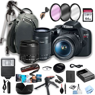 Canon EOS Rebel T7 DSLR Camera w/EF-S 18-55mm + 55-250mm Lenses + 64GB Memory + Flash Sling Case + Steady Grip Pod + Tripod + Filters + Software + More (36pc Bundle) (Renewed)