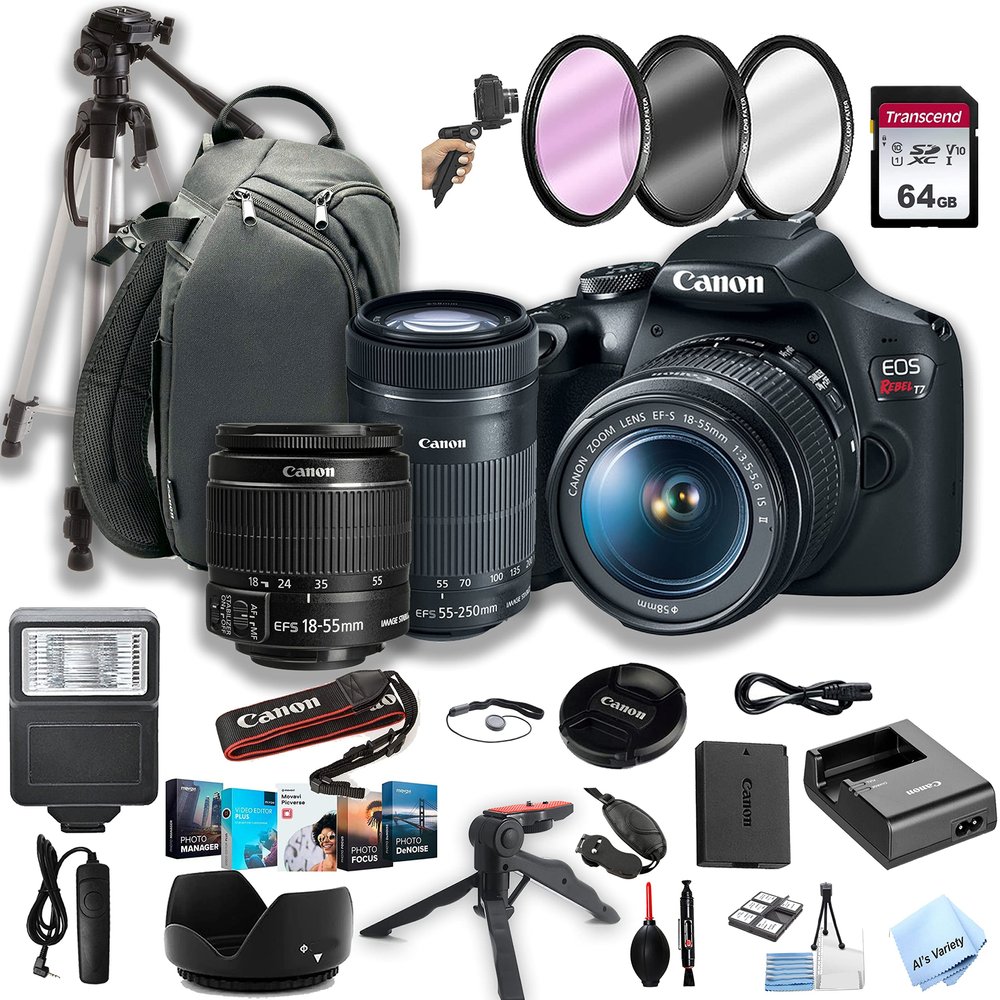 Canon EOS Rebel T7 DSLR Camera w/EF-S 18-55mm + 55-250mm Lenses + 64GB Memory + Flash Sling Case + Steady Grip Pod + Tripod + Filters + Software + More (36pc Bundle) (Renewed)