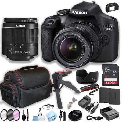 Canon EOS 2000D (Rebel T7) DSLR Camera w/EF-S 18-55mm F/3.5-5.6 Zoom Lens + 64GB Memory + Case+ Steady Grip Pod + Filters + Remote + 2X Batteries + More (30pc Bundle) (Renewed)