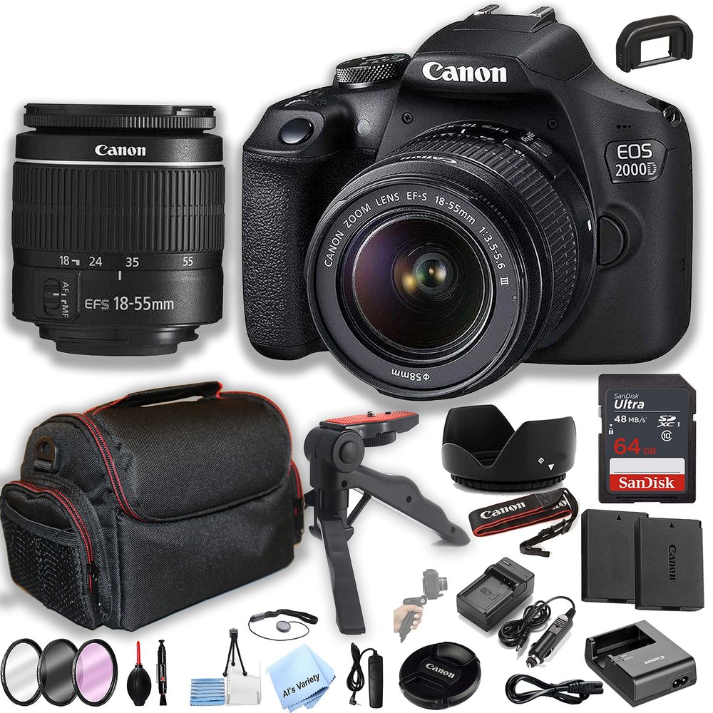Canon EOS 2000D (Rebel T7) DSLR Camera w/EF-S 18-55mm F/3.5-5.6 Zoom Lens + 64GB Memory + Case+ Steady Grip Pod + Filters + Remote + 2X Batteries + More (30pc Bundle) (Renewed)