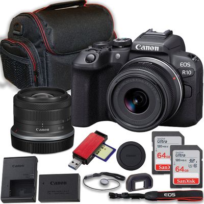 Canon EOS R10 Mirrorless Camera with Canon RF-S 18-45mm f/4.5-6.3 is STM Lens + 2X 64GB Memory Cards + Accessories Including: Case, Card Reader & More (Renewed)