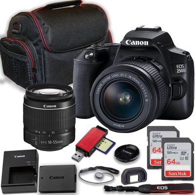 Canon EOS 250D (Rebel SL3) DSLR Camera with Canon EF-S 18-55mm F/3.5-5.6 DC III Zoom Lens + 2X 64GB Memory Cards + Case, Card Reader & More (Renewed)