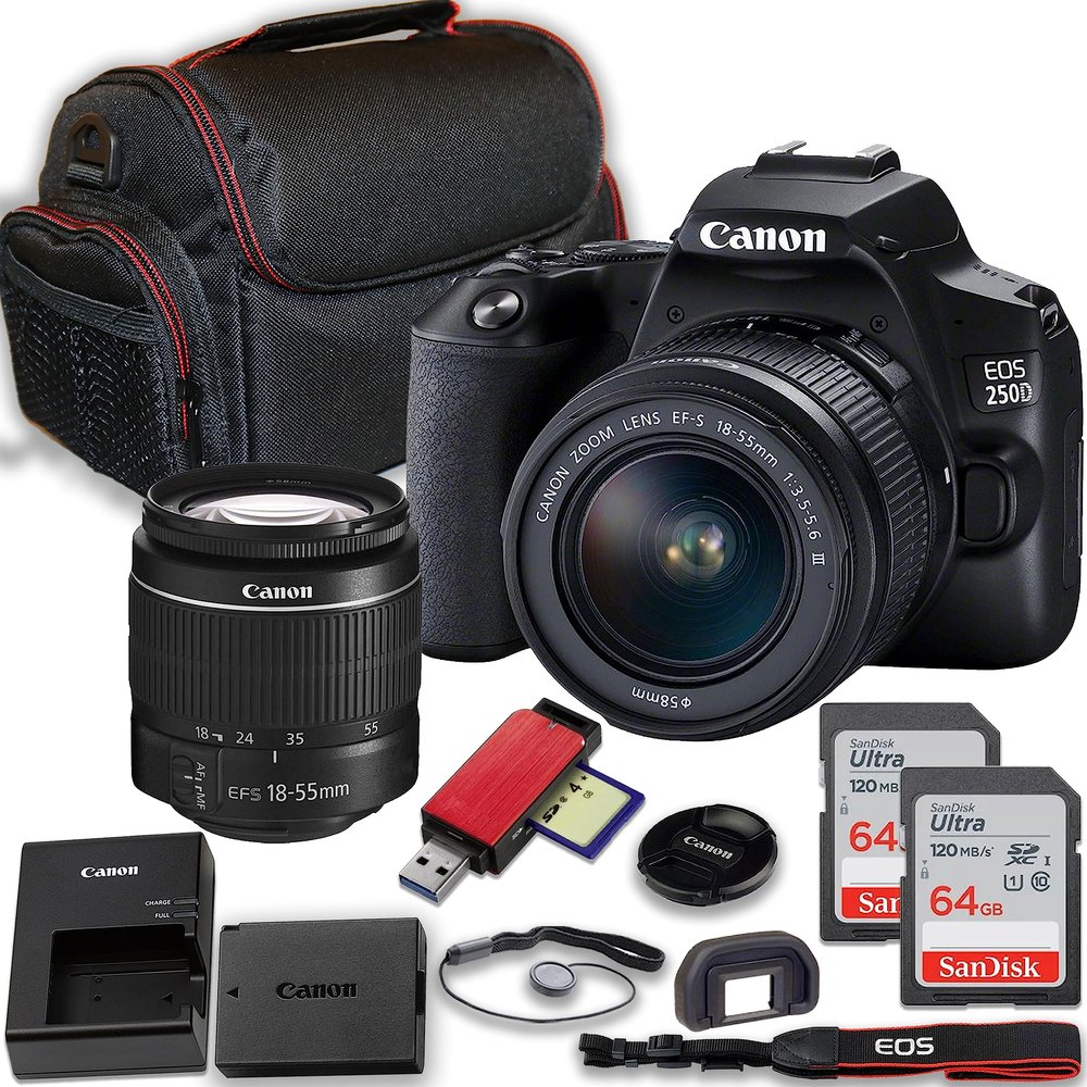 Canon EOS 250D (Rebel SL3) DSLR Camera with Canon EF-S 18-55mm F/3.5-5.6 DC III Zoom Lens + 2X 64GB Memory Cards + Case, Card Reader & More (Renewed)