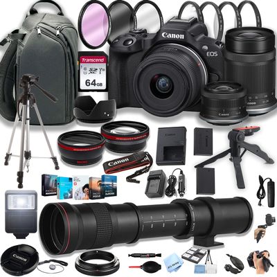Canon EOS R50 Mirrorless Digital Camera with RF-S 18-45mm f/4.5-6.3 is STM Lens + 55-210mm f/5-7.1 is STM Lens + 420-800mm Super Telephoto Lens + 64GB Memory Cards, Professional Bundle (44pc) (Renewe (Renewed)