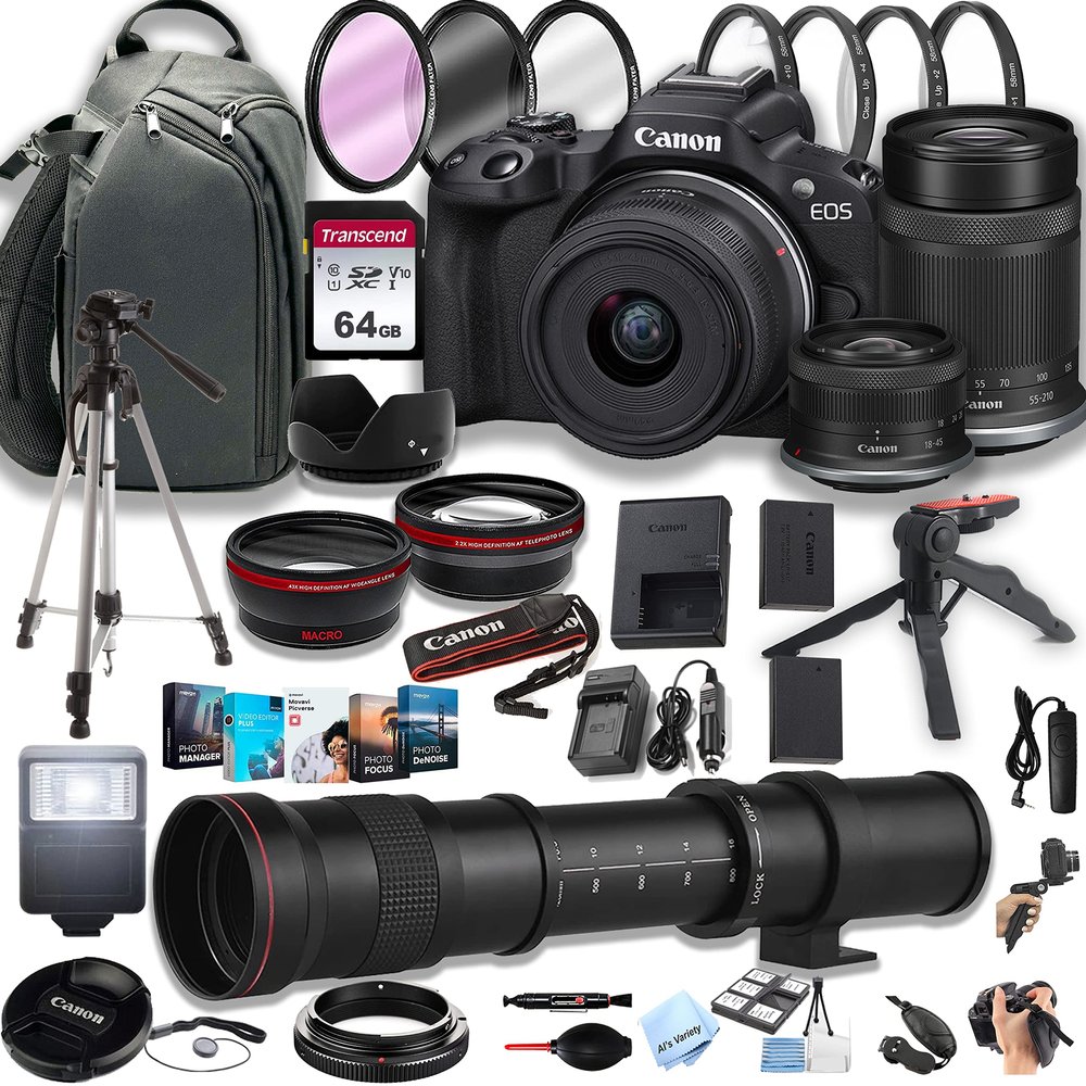 Canon EOS R50 Mirrorless Digital Camera with RF-S 18-45mm f/4.5-6.3 is STM Lens + 55-210mm f/5-7.1 is STM Lens + 420-800mm Super Telephoto Lens + 64GB Memory Cards, Professional Bundle (44pc) (Renewe (Renewed)