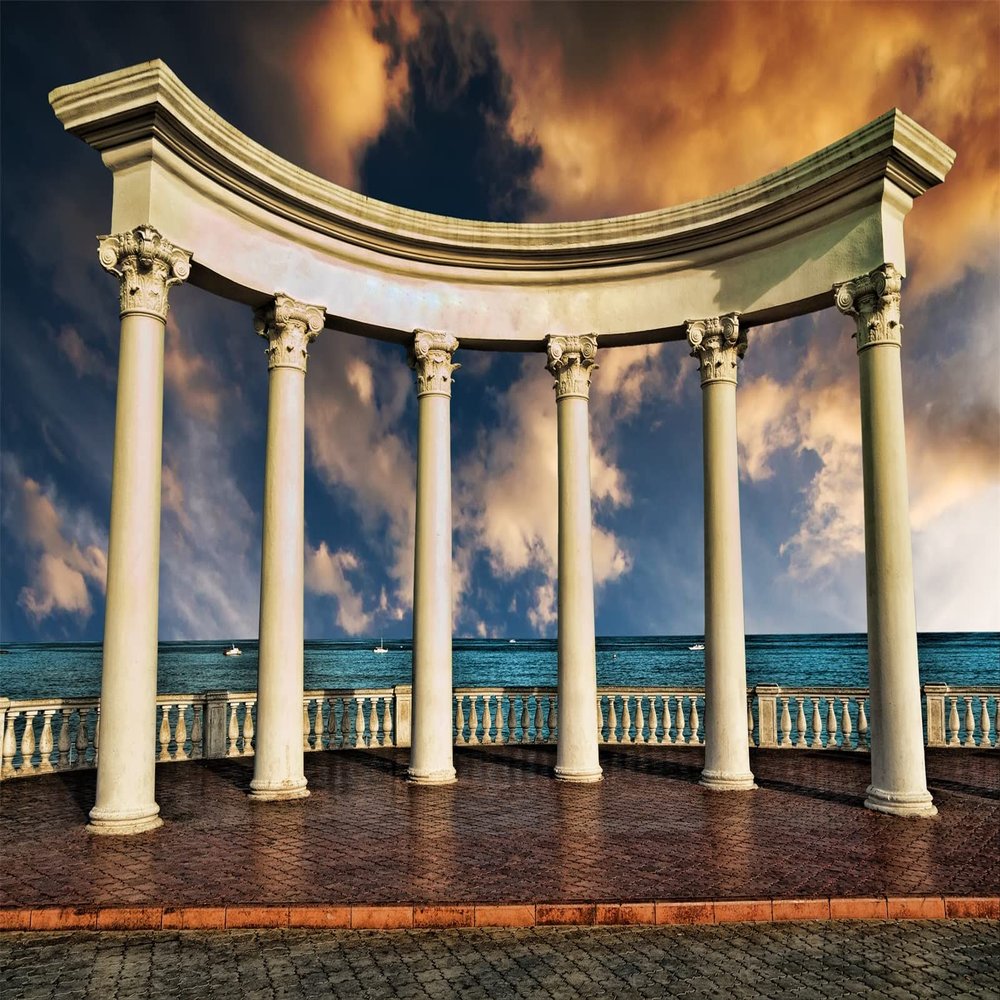 BELECO 7x5ft Fabric Ancient Greek Ruins Photography Backdrop Greek Columns Against Sea and Sky Historical Sites Background European Greek Travel Party Decoration Photo Booth Studio Props