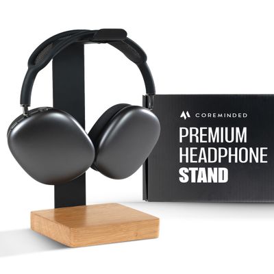 COREMINDED Universal Headphone Stand for Desk, Solid Wood Gaming Headset Stand, Heavy Duty Wooden Headphones Holder, Compatible with Airpods Max and More