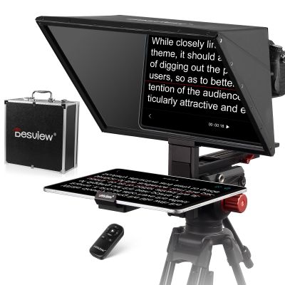 Desview TP170 teleprompter 17 inch High Display Glass Aluminum Alloy Liftable Teleprompter with Remote Control Compatible with ipad DSLR Camcorders Easy Assembly with Carry Case for Video Making