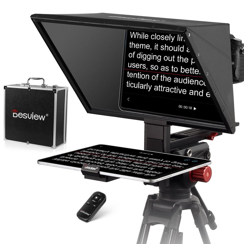 Desview TP170 teleprompter 17 inch High Display Glass Aluminum Alloy Liftable Teleprompter with Remote Control Compatible with ipad DSLR Camcorders Easy Assembly with Carry Case for Video Making