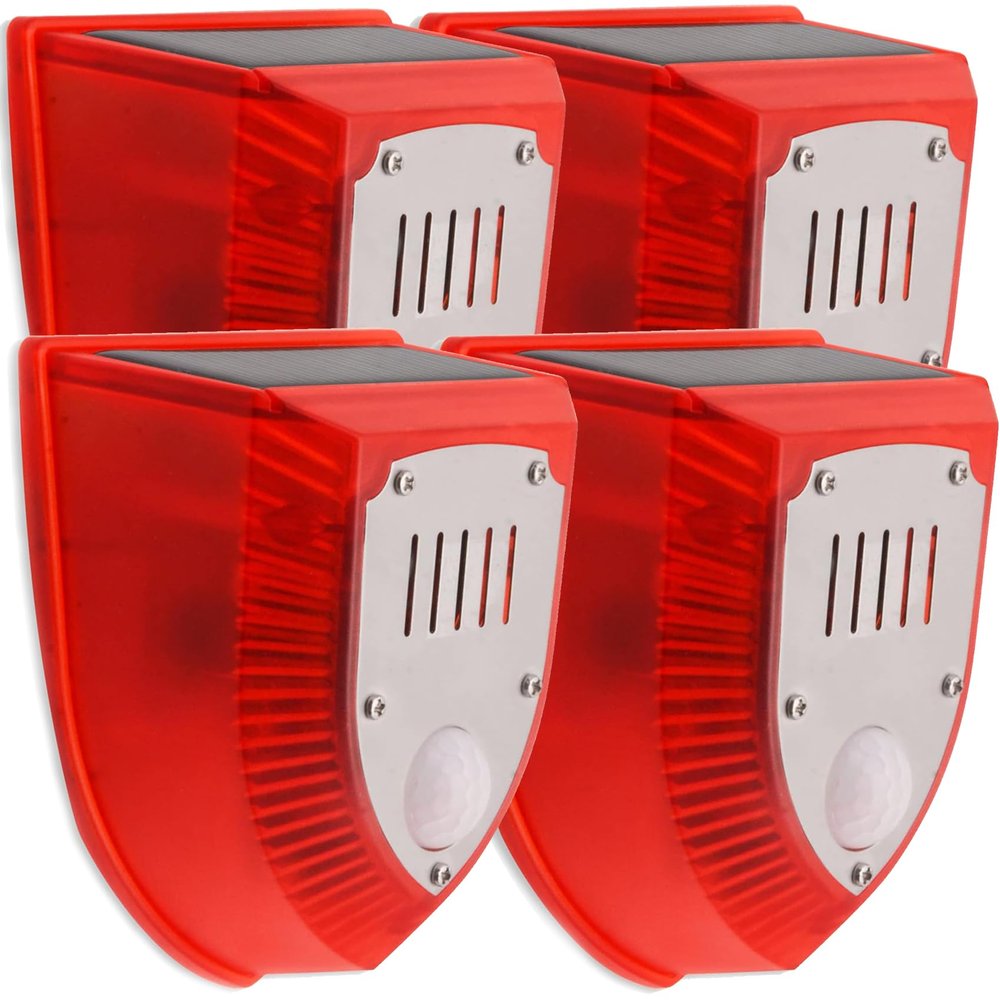 keeda Solar Security Light Alarm, 129dB Solar Strobe Light Warning Loud Waterproof PIR LED Motion Sensor Makes Gunshot Sounds & Dog Barking for Farm Barn Yard (4 Pack)