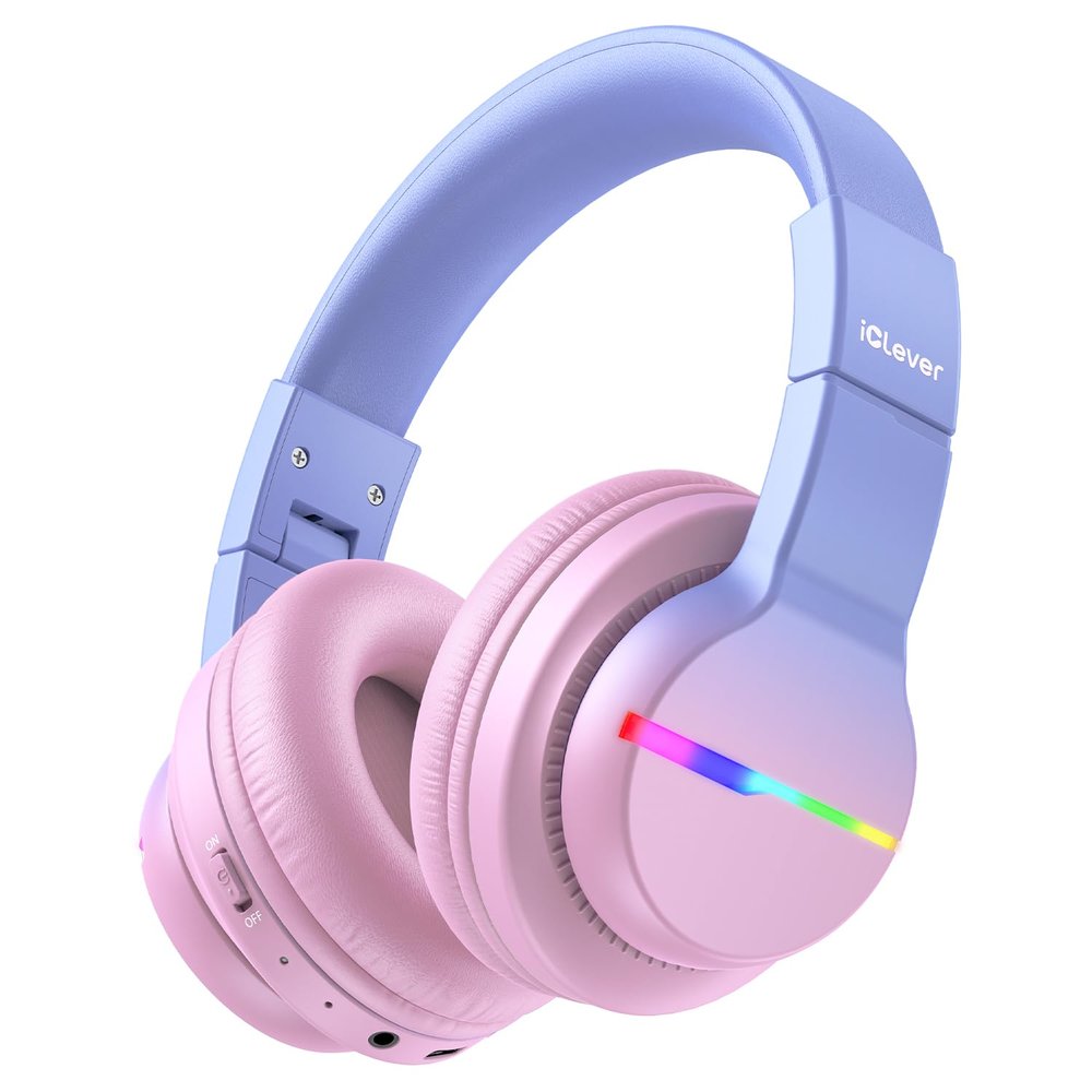 iClever BTH12 Kids Bluetooth Headphones,Colorful LED Lights,74/85dBA Safe Volume,85H Playtime,Fast Charging,Bluetooth 5.2,Over Ear Kids Headphones Wireles for iPad/Tablet/Airplane, Gradient Pink