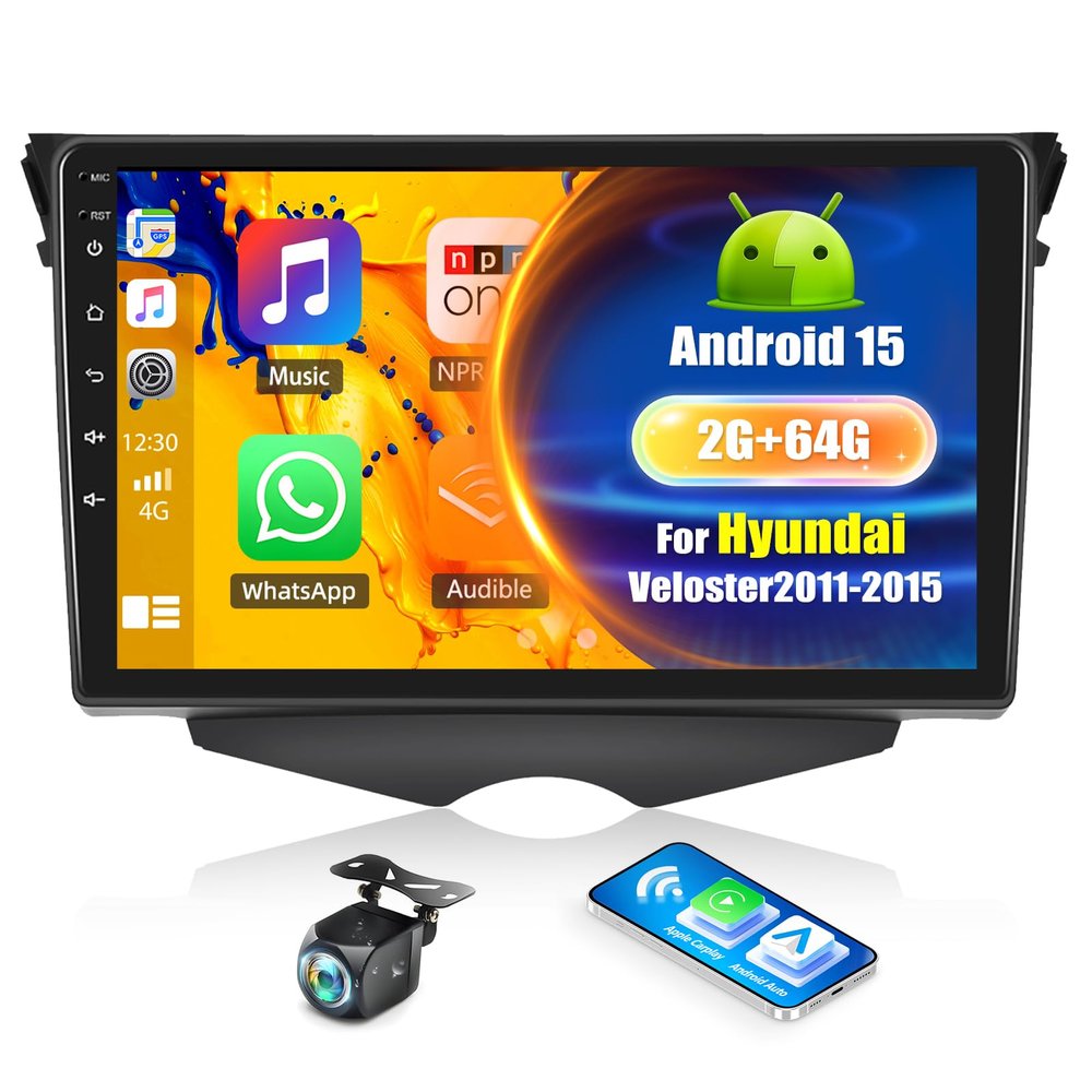[2G+64G] Car Radio for Hyundai Veloster 2011-2015 with Wireless Carplay Android Auto,9'' HD Touchscreen Android 15 Car Stereo with Mirror Link WiFi GPS Navigation Bluetooth FM/RDS SWC+Rear Camera