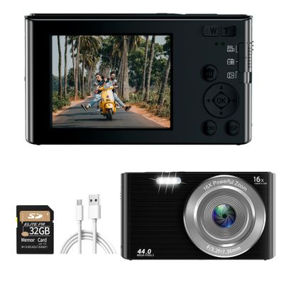 Digital Camera for Photography FHD 1080P 44MP Vlogging Camera for YouTube, Point and Shoot Cameras with 2.4 Inch Screen, 32GB Card Portable Small Camera for Teens Kids Seniors
