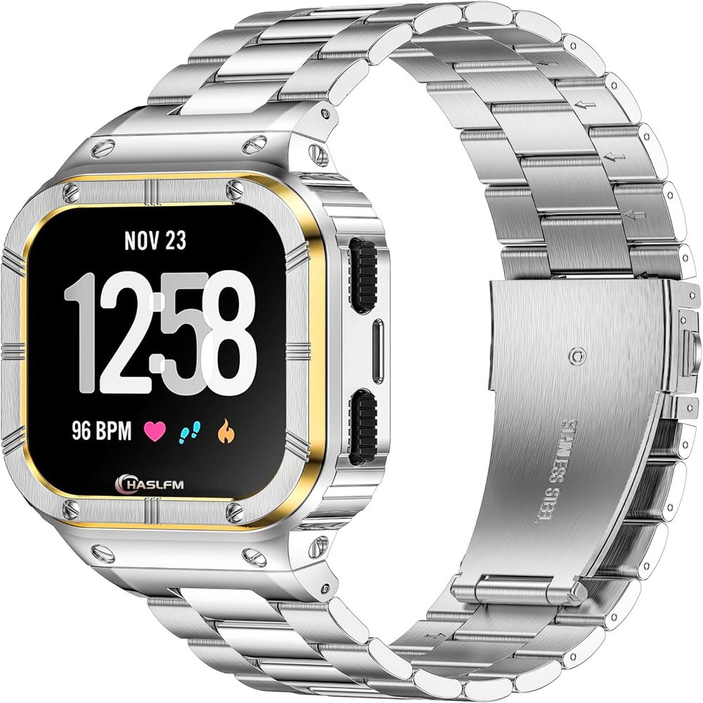 HASLFM Stainless Steel Watch Bands with Case Compatible for Fitbit Versa 4/Versa 3/Versa 2/Versa 1/Fitbit Versa Lite/Fitbit Sense 2/Sense 1,Rugged Metal Strap for Men with Protector Case Bumper Cover