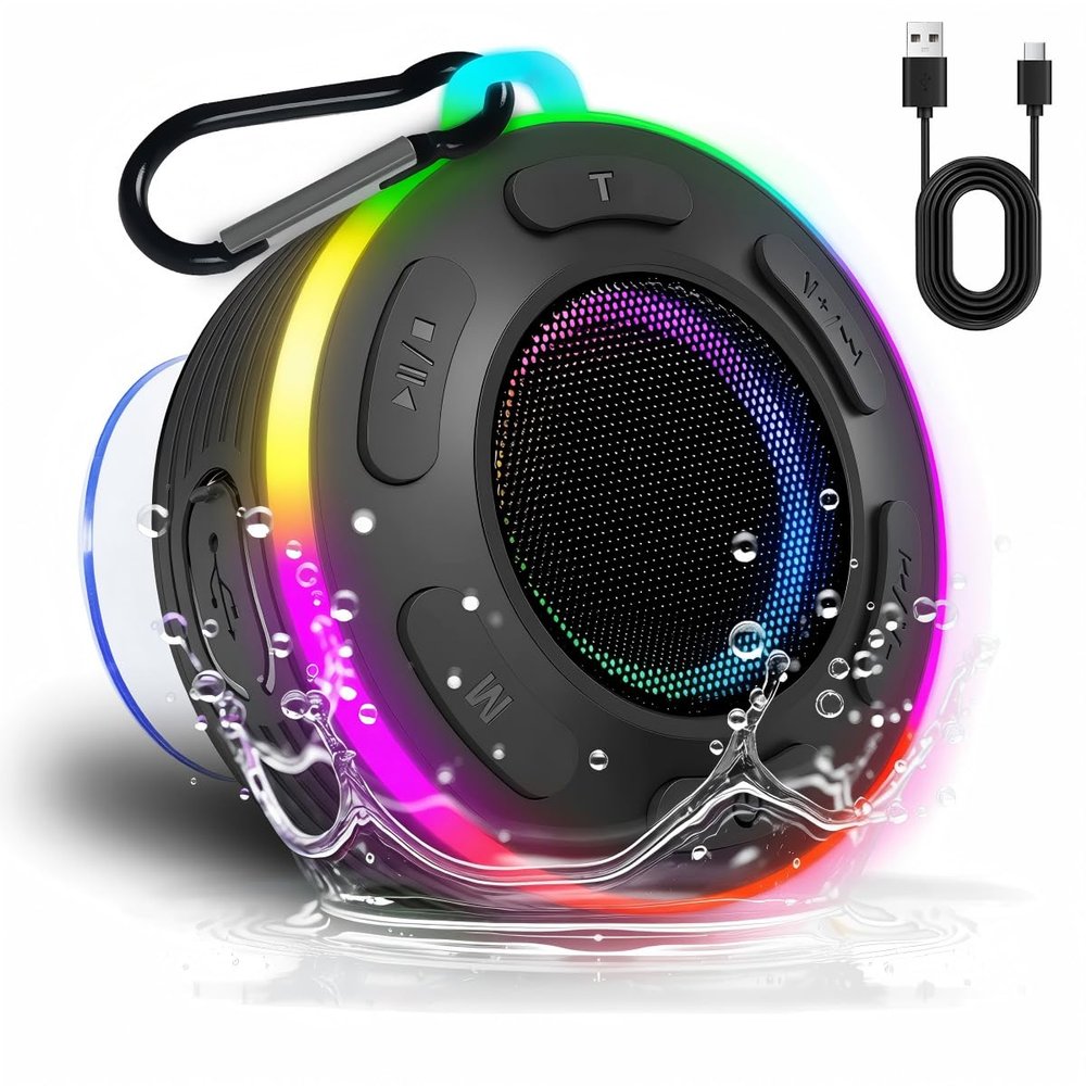 Portable Bluetooth Shower Speaker with Led Light,Waterproof Speaker Loud Sound Built-in Mic Hands,Free Suction Cup&Hook,small Shower speakers for outdoor,Beach,Camping,Kitchen,Kayak,Gifts for unisex