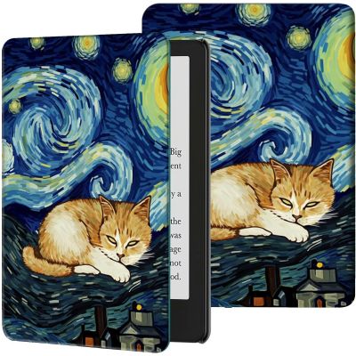 Case for 6.8" Kindle Paperwhite (11th Generation-2021) & Signature Edition PU Leather Slim Smart Cover with Auto Wake/Sleep for Kindle Paperwhite 2021 E-Reader, Art Galaxy Cat