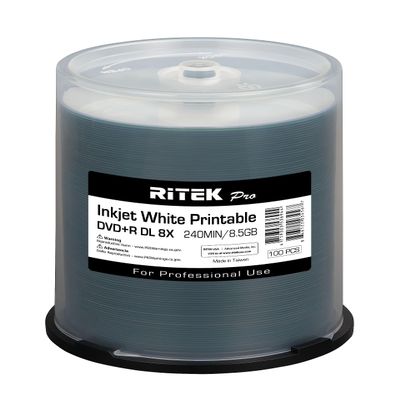 100 Pack Ritek Pro (Professional Grade) DVD+R DL Dual Layer 8X 8.5GB White Inkjet Hub Printable Blank Media Recordable Disc