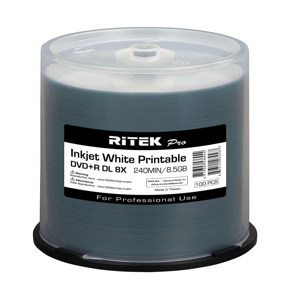 100 Pack Ritek Pro (Professional Grade) DVD+R DL Dual Layer 8X 8.5GB White Inkjet Hub Printable Blank Media Recordable Disc