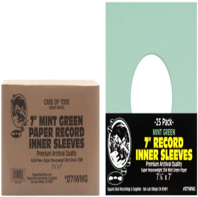 (1,000) 7" Vinyl Record Inner Sleeves with Hole - Mint Green - Archival Quality - 07IWMG