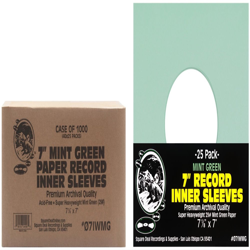 (1,000) 7" Vinyl Record Inner Sleeves with Hole - Mint Green - Archival Quality - 07IWMG