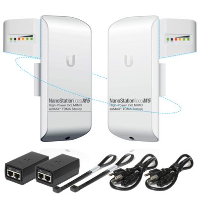 Wireless Bridge Ubiquiti LOCOM5 PRE-CONFIGURED, Bundle of 2 Ubiquiti Nanostation LOCO M5, Point to Point Outdoor WiFi Bridge, Plugh and Play, 5GHz, 150+Mbps, 10+km Link Range, Network Bridge.