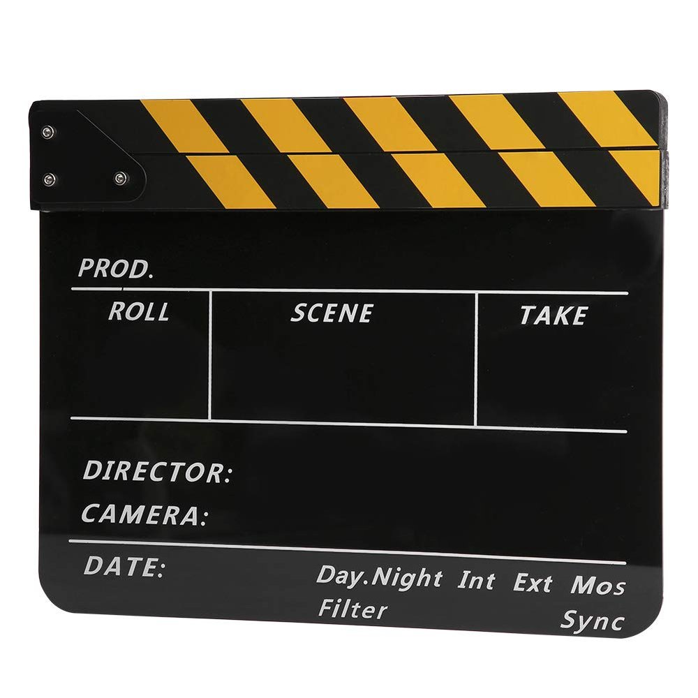 Movie Film Clap Board, Acrylic 30x25cm Movie Clappers Board, Scene Slate Board for TV Video Movie Photo Props Excellent Decoration (Yellow Strip Blackboard (PAV1YBE))