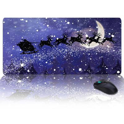 Oversized Gaming Mouse Pad,Christmas Elk with Santa Claus Xmas Tree in Winter Night Purple Desk Mat for Home Office Non-Slip Extended XXL Computer Mouse Pad for Laptop Desktop Keyboard,35x15 inch