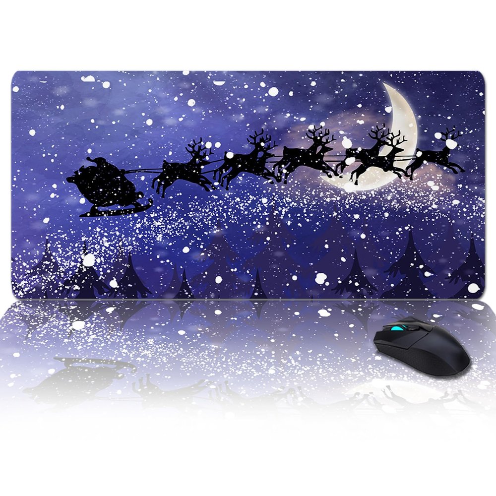 Oversized Gaming Mouse Pad,Christmas Elk with Santa Claus Xmas Tree in Winter Night Purple Desk Mat for Home Office Non-Slip Extended XXL Computer Mouse Pad for Laptop Desktop Keyboard,35x15 inch