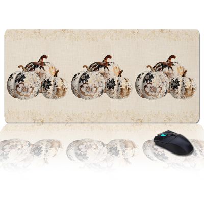 Oversized Gaming Mouse Pad,Fall Thanksgiving Pumpkin Rustic Floral Botanical Leaves Linen Desk Mat for Home Office Non-Slip Extended XXL Computer Mouse Pad for Laptop Desktop Keyboard,35x15 inch