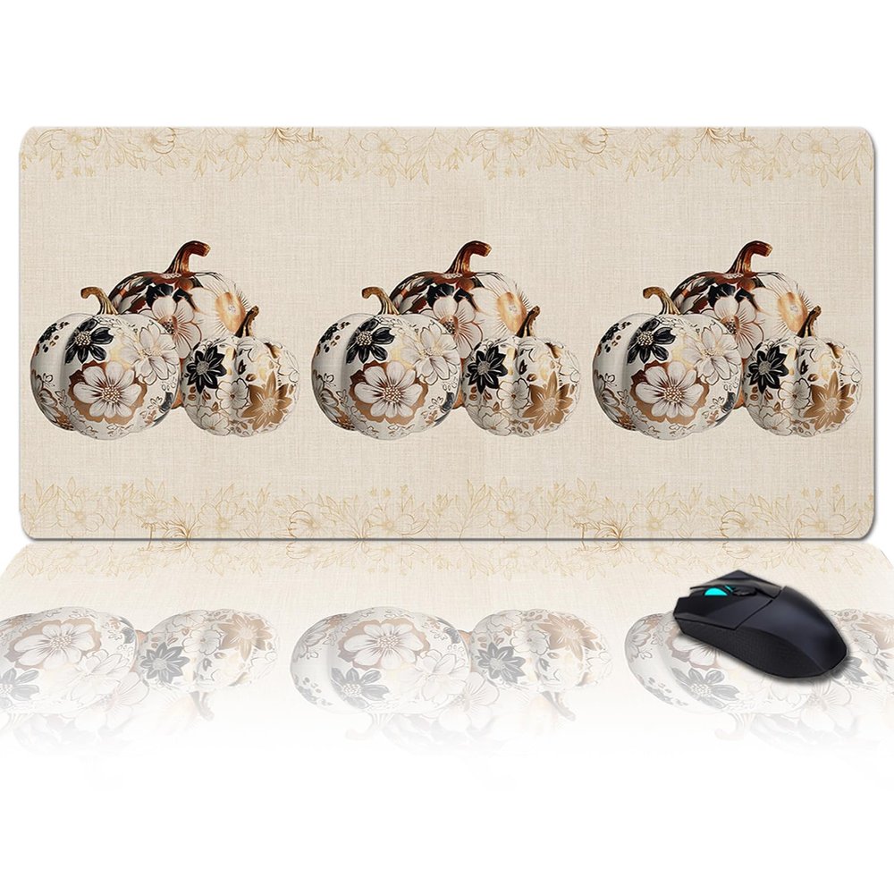 Oversized Gaming Mouse Pad,Fall Thanksgiving Pumpkin Rustic Floral Botanical Leaves Linen Desk Mat for Home Office Non-Slip Extended XXL Computer Mouse Pad for Laptop Desktop Keyboard,35x15 inch