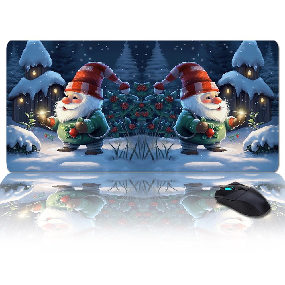 Oversized Gaming Mouse Pad, Red Cap Gnome Snow House Forest Christmas Desk Mat for Home Office Extended XXL Computer Mouse Pad with Non-Slip Backing for Laptop Desktop Keyboard,35x15 inch