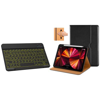 DTTO Bluetooth Keyboard, Wireless Rechargeable Keyboard and Premium PU Leather Folio Stand Cover with Hand Strap for iPad Pro 11 Inch 4th/3rd/2nd/1st Generation 2022/2021/2020/2018, Black