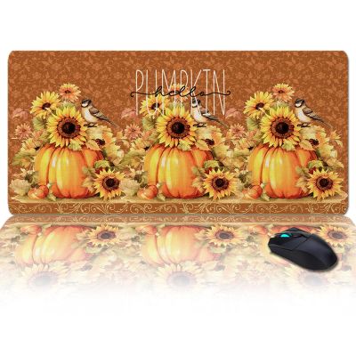 Oversized Gaming Mouse Pad, Thanksgiving Fall Pumpkin Sunflowers Bird Desk Mat for Home Office Extended XXL Computer Mouse Pad with Non-Slip Backing for Laptop Desktop Keyboard,35x15 inch