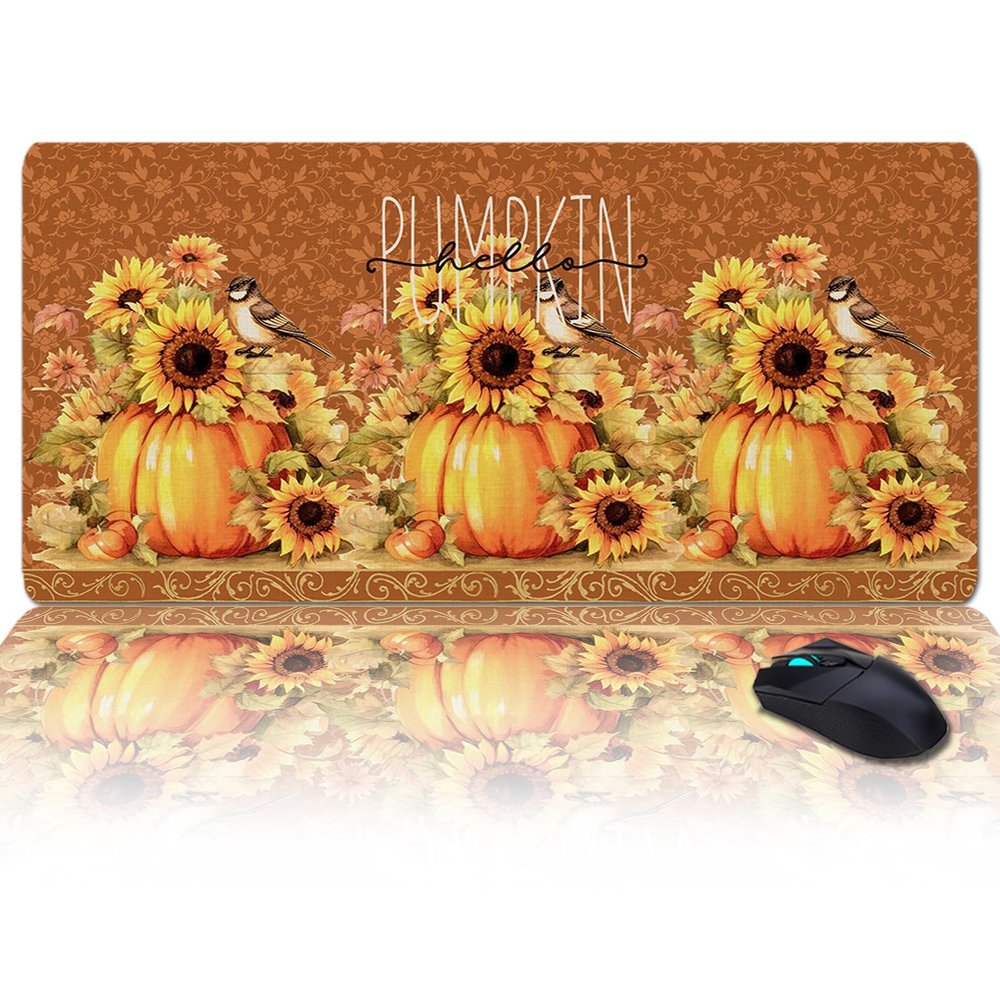 Oversized Gaming Mouse Pad, Thanksgiving Fall Pumpkin Sunflowers Bird Desk Mat for Home Office Extended XXL Computer Mouse Pad with Non-Slip Backing for Laptop Desktop Keyboard,35x15 inch