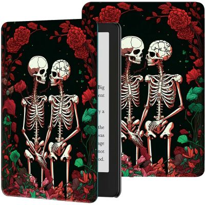 Case for 6" Kindle (11th Generation, 2024/2022 Release) Slim PU Leather Adjustable Multi-Angle Smart Shell Cover with Auto Wake/Sleep for Kindle 2024/2022 11th Gen e-Reader,Flower Human Skeletons