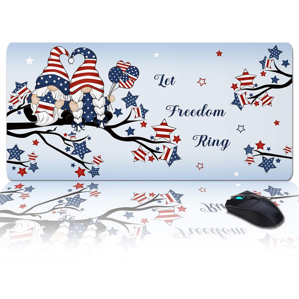 Oversized Gaming Mouse Pad,4th of July USA Flag Patriot Gnome Tree Balloon Aqua Blue Desk Mat for Home Office Non-Slip Extended XXL Computer Mouse Pad for Laptop Desktop Keyboard,35x15 inch
