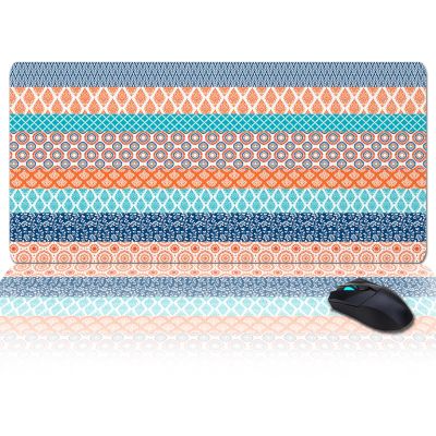 Oversized Gaming Mouse Pad,Boho Geometric Floral Stripe Ethnic Turquoise Orange Blue Desk Mat for Home Office Non-Slip Extended XXL Computer Mouse Pad for Laptop Desktop Keyboard,35x15 inch