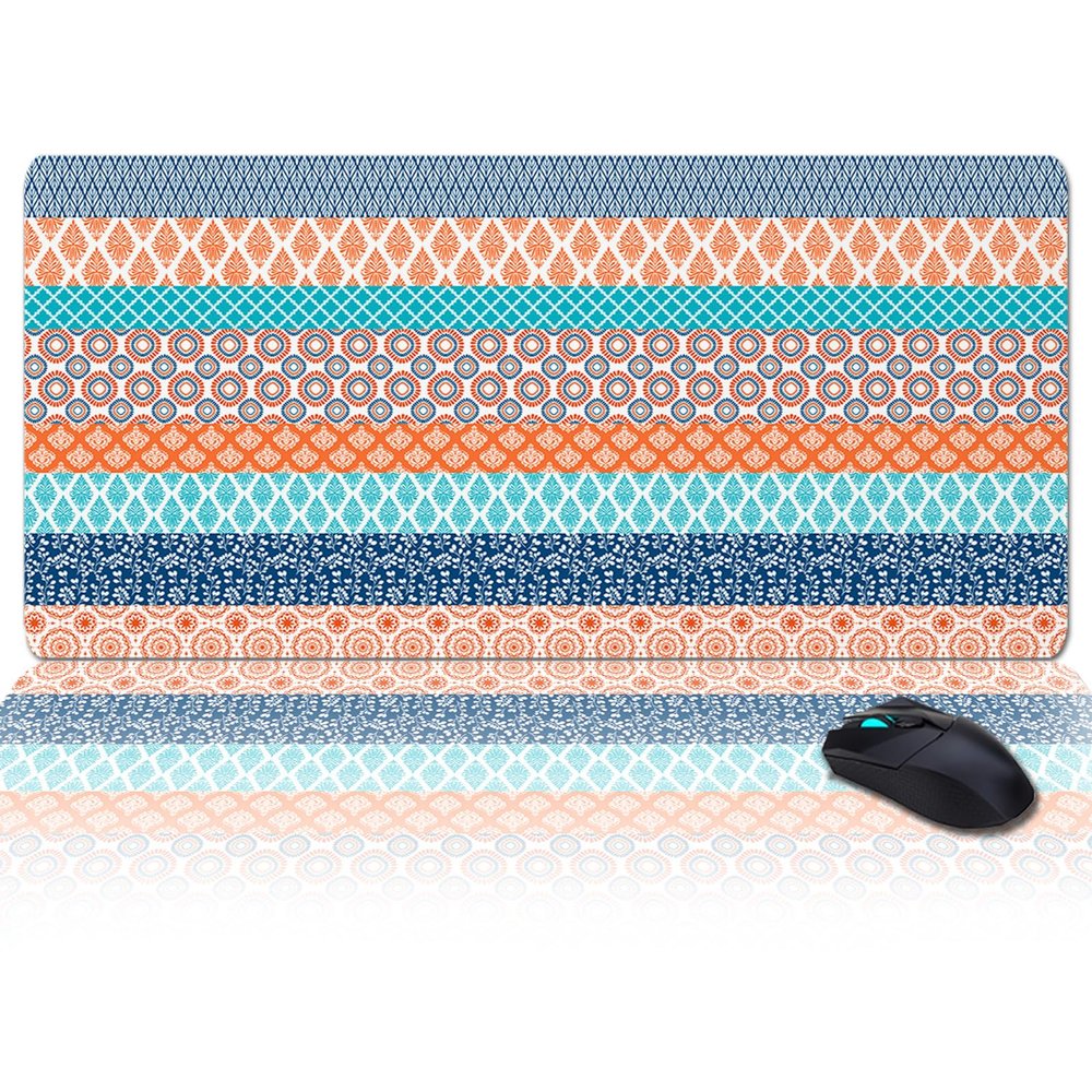 Oversized Gaming Mouse Pad,Boho Geometric Floral Stripe Ethnic Turquoise Orange Blue Desk Mat for Home Office Non-Slip Extended XXL Computer Mouse Pad for Laptop Desktop Keyboard,35x15 inch