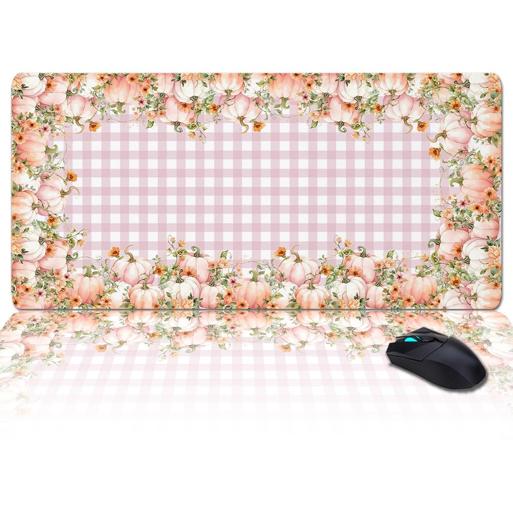 Oversized Gaming Mouse Pad, Thanksgiving Pink Pumpkin Fall Sunflower Pink Plaid Desk Mat for Home Office Extended XXL Computer Mouse Pad with Non-Slip Backing for Laptop Desktop Keyboard,35x15 inch