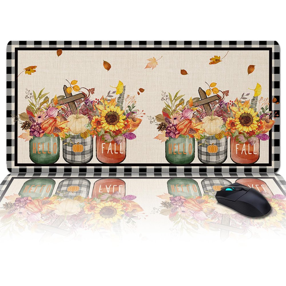 Oversized Gaming Mouse Pad, Hello Fall Farm Sunflower Plants Black Buffalo Plaid Desk Mat for Home Office Extended XXL Computer Mouse Pad with Non-Slip Backing for Laptop Desktop Keyboard,35x15 inch