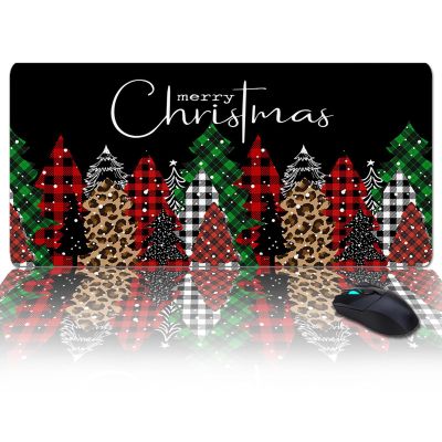 Oversized Gaming Mouse Pad, Merry Christmas Green and Red Plaid Buffalo Tree Black Desk Mat for Home Office Extended XXL Computer Mouse Pad with Non-Slip Backing for Laptop Desktop Keyboard,35x15 inch