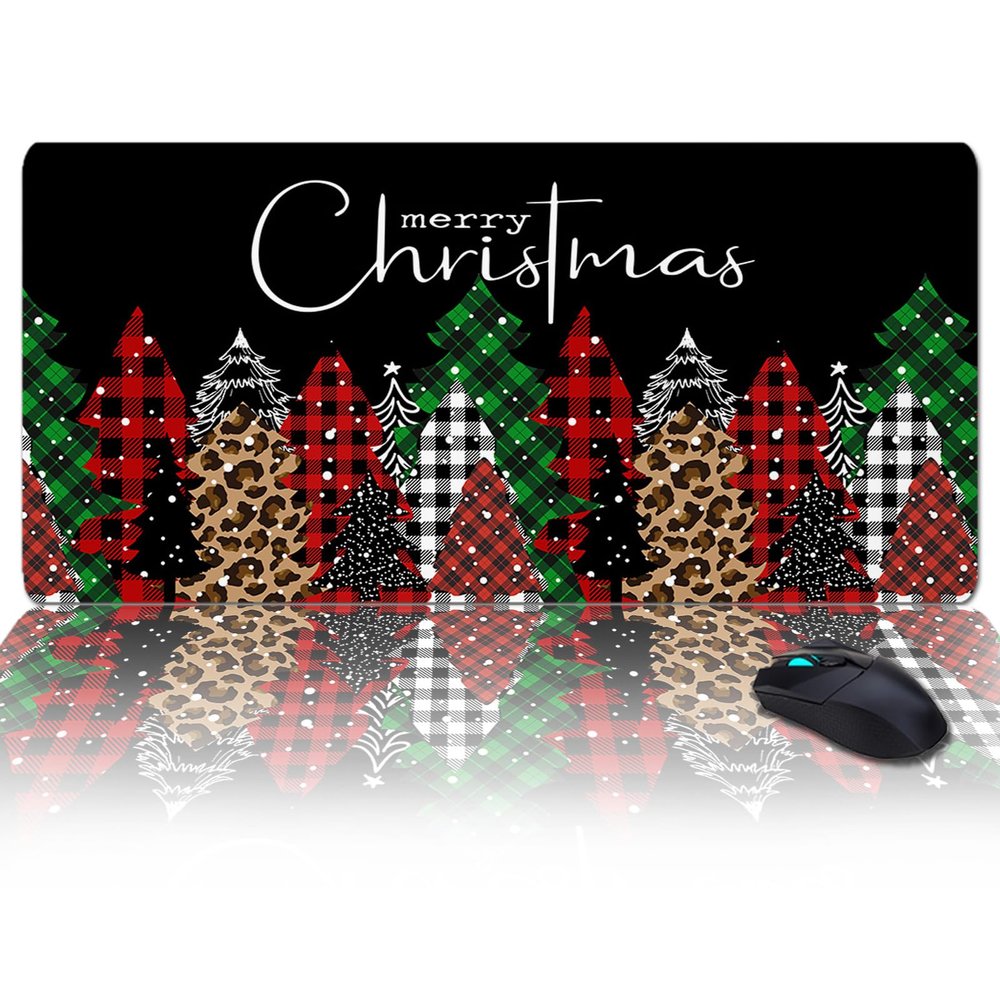 Oversized Gaming Mouse Pad, Merry Christmas Green and Red Plaid Buffalo Tree Black Desk Mat for Home Office Extended XXL Computer Mouse Pad with Non-Slip Backing for Laptop Desktop Keyboard,35x15 inch