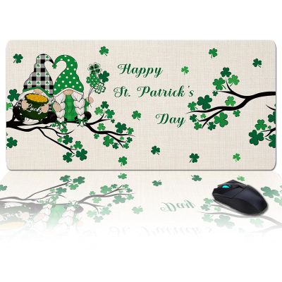 Oversized Gaming Mouse Pad, St. Patrick's Day Gnome on Green Shamrock Tree Desk Mat for Home Office Extended XXL Computer Mouse Pad with Non-Slip Backing for Laptop Desktop Keyboard,35x15 inch